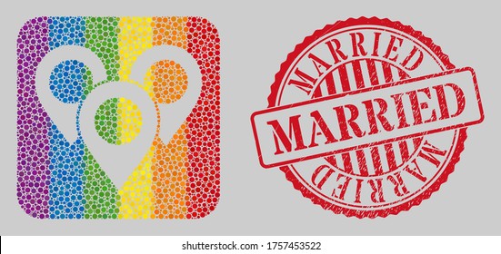 Scratched Married seal and mosaic map marker group subtracted for LGBT. Dotted rounded rectangle mosaic is around map marker group cut out shape. LGBT rainbow colors.