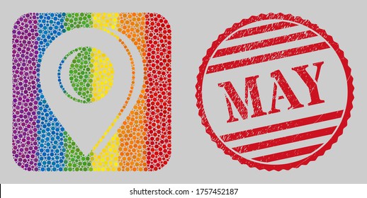 Scratched May stamp seal and mosaic map marker shadow stencil for LGBT. Dotted rounded rectangle mosaic is around map marker shadow stencil. LGBT rainbow colors.