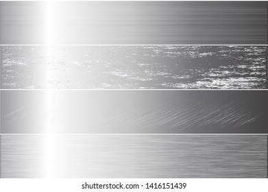
Scratched metal chrome silver gold texture vector icon set collection. Shiny brushed vector metallic gradient icon grunge background vintage for banner, label, medal. Silver gradient aluminium