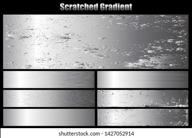 Scratched metal chrome silver texture vector icon set collection. Shiny silver brushed vector metallic gradient icon grunge background for banner, label, medal. Silver gradient for banner, award