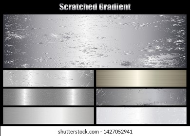 Scratched metal chrome silver texture vector icon set collection. Shiny silver brushed vector metallic gradient icon grunge background for banner, label, medal. Silver gradient for banner, award