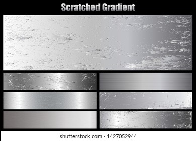 Scratched metal chrome silver texture vector icon set collection. Shiny silver brushed vector metallic gradient icon grunge background for banner, label, medal. Silver gradient for banner, award