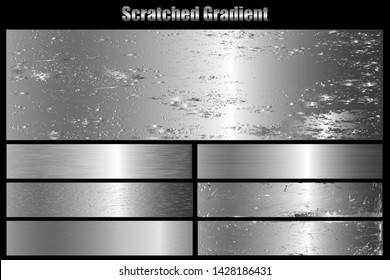 Scratched metal chrome silver texture vector icon set collection. Shiny brushed vector metallic gradient icon grunge background silver for banner, label, medal. Silver gradient for banner, award