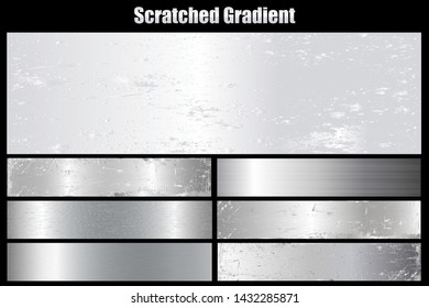 Scratched metal chrome silver texture vector icon set. Shiny brushed vector metallic gradient grunge background silver for banner, label, medal, button. Silver abstract chrome gradient collection