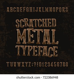 Scratched metal typeface. Retro alphabet font. Metallic letters and numbers on a dark rough background. Stock vector vintage typeset for your headers or any typography design.