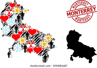 Scratched Monterrey stamp, and lovely population vaccine mosaic map of Uttar Pradesh State. Red round stamp seal has Monterrey caption inside circle.