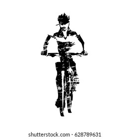Scratched mountain biker, cycling abstract grungy vector silhouette