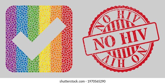 Scratched No HIV stamp seal and mosaic apply tick stencil for LGBT. Dotted rounded rectangle mosaic is around apply tick stencil. LGBT rainbow colors.