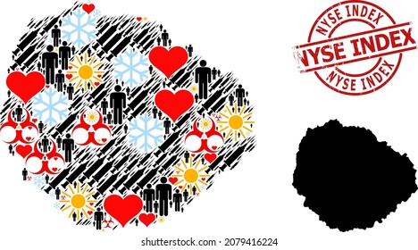 Scratched Nyse Index Stamp Seal, And Winter Patients Virus Therapy Mosaic Map Of La Gomera Island. Red Round Stamp Seal Contains Nyse Index Tag Inside Circle.