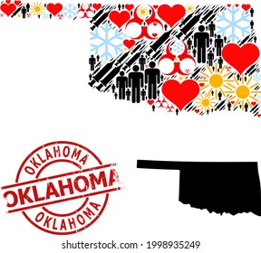 Scratched Oklahoma stamp, and frost patients virus therapy collage map of Oklahoma State. Red round stamp seal contains Oklahoma caption inside circle.