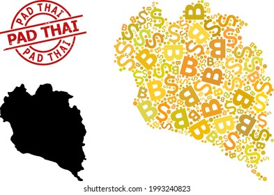 Scratched Pad Thai stamp seal, and money mosaic map of Koh Phangan. Red round stamp includes Pad Thai text inside circle. Map of Koh Phangan mosaic is designed of financial, dollar,