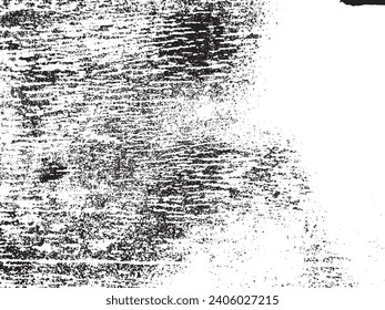 Scratched paint on wooden board natural grunge background black and white old texture. Vector illustration for overlay. Distress effect, weathering cracks abrasions, dust, dirt, large and small grains