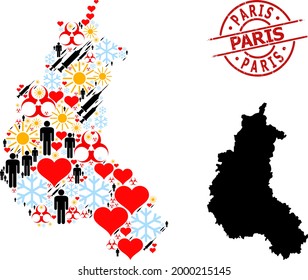Scratched Paris Robbe, und Frühling Bevölkerung Impfstoff Collage Karte der Champagne Provinz. Rotes rundes Siegel enthält die Pariser Marke im Inneren des Kreises. Die Karte der Provinz Champagne ist mit Winter,