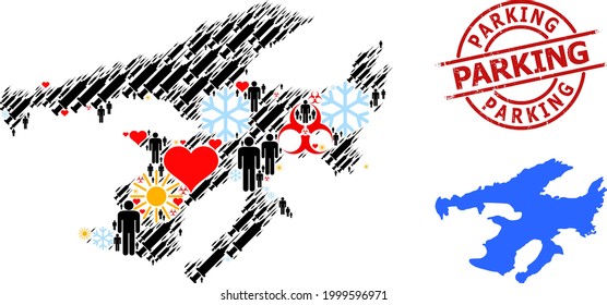 Scratched Parking seal, and winter people vaccine collage map of Great Bear Lake. Red round stamp seal has Parking title inside circle. Map of Great Bear Lake collage is done of cold, sun, healthcare,