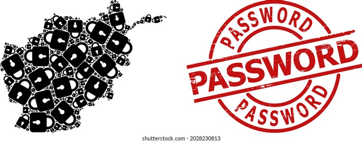 Scratched Password stamp seal, and lock collage of Afghanistan map. Red round stamp seal includes Password tag inside circle. Afghanistan map mosaic is constructed from lock rotated parts.