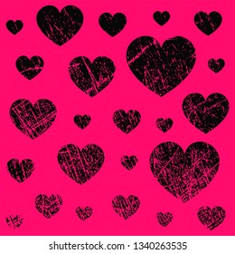 Scratched pattern with hearts in grunge style. Vector illustration.