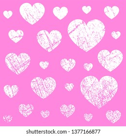 Scratched pattern with hearts in grunge style. Vector illustration.