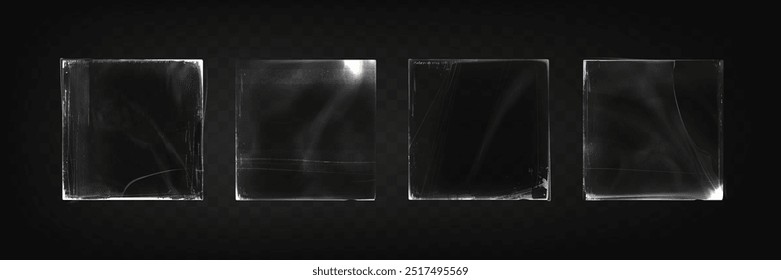 Scratched plastic vinyl covers set isolated on transparent background. Vector realistic illustration of square pieces of old glass with cracks and light reflection on dirty surface, cd wrap mockup