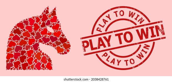 Scratched Play to Win seal, and red love heart mosaic for chess horse. Red round seal includes Play to Win title inside circle. Chess horse mosaic is made from red wedding elements.