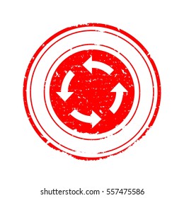 Scratched red round stamp with arrows in a circle - vector