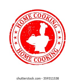 Scratched red round stamp with a silhouette of a chef and the words - home cooking - vector
