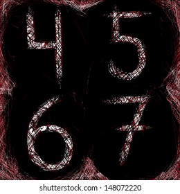 Scratched red and white numbers on the scratched background. Four numbers: 4, 5, 6, 7.