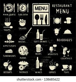 Scratched restaurant menu elements on blackboard