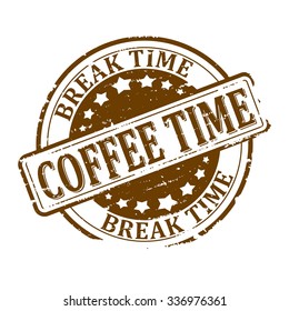 Scratched round brown stamped -  coffee time - break time - vector