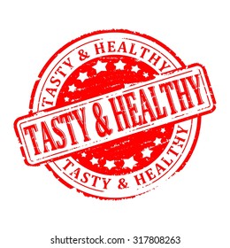 Scratched round red stamp with the word - tasty and healthy - vector