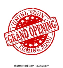 Scratched round red stamp with the words - grand opening  - coming soon - vector