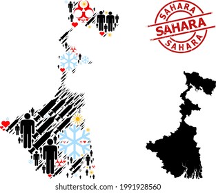 Scratched Sahara badge, and heart people inoculation mosaic map of West Bengal State. Red round stamp seal includes Sahara caption inside circle. Map of West Bengal State mosaic is done of cold, sun,