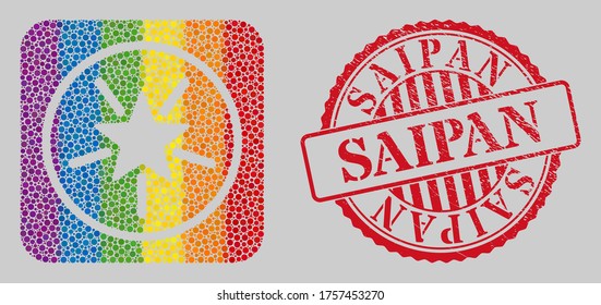 Scratched Saipan watermark and mosaic rounded shine star hole for LGBT. Dotted rounded rectangle mosaic is around rounded shine star cut out shape. LGBT rainbow colors.