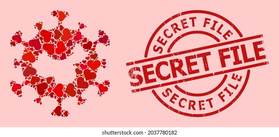 Sello de sello de Secret File y collage rojo del corazón del amor para el virus de la gripe china. El sello rojo redondo tiene el texto Secret File dentro del círculo. El collage del virus de la gripe china es creado con iconos rojos románticos.