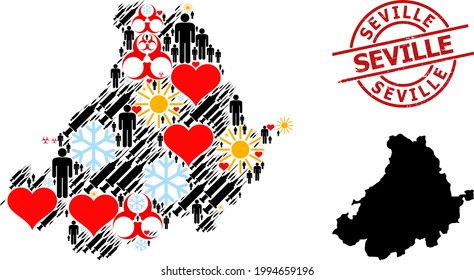 Scratched Seville stamp, and heart humans inoculation mosaic map of Avila Province. Red round stamp includes Seville tag inside circle. Map of Avila Province collage is composed of frost, sun, heart,