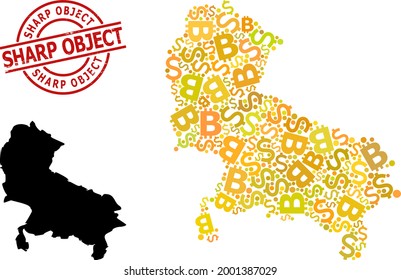 Scratched Sharp Object seal, and financial mosaic map of Uttar Pradesh State. Red round seal contains Sharp Object caption inside circle. Map of Uttar Pradesh State mosaic is made from money, funding,