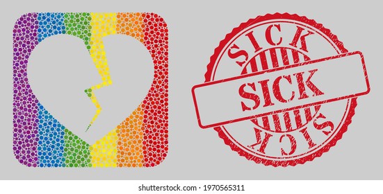Scratched Sick stamp and mosaic broken heart stencil for LGBT. Dotted rounded rectangle mosaic is around broken heart subtracted space. LGBT rainbow colors.