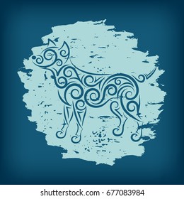 A scratched spot with openwork smiling dog made of spirals and swirls. Symbol of the year 2018. Vector illustration.