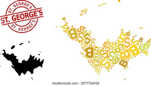 Scratched St. George'S seal, and financial mosaic map of Saint Barthelemy. Red round stamp includes St. George'S tag inside circle. Map of Saint Barthelemy mosaic is formed from financial, dollar,