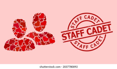 Scratched Staff Cadet stamp seal, and red love heart mosaic for clients. Red round stamp has Staff Cadet tag inside circle. Clients mosaic is done from red romantic symbols.