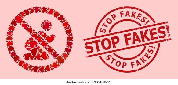 Scratched Stop Fakes Exclamation. stamp seal, and red love heart mosaic for forbid praying man. Red round seal has Stop Fakes Exclamation. tag inside circle. Forbid praying man mosaic is designed from