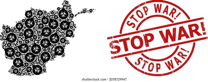 Scratched Stop War Exclamation stamp seal, and biohazard bomb mosaic of Afghanistan map. Red round stamp seal contains Stop War Exclamation caption inside circle.
