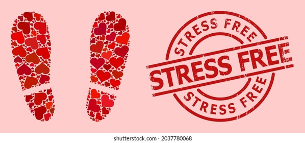 Scratched Stress Free stamp seal, and red love heart collage for human footprints. Red round stamp seal contains Stress Free tag inside circle. Human footprints collage is done with red amour icons.