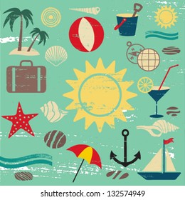 Scratched summer and sea related icons on blue textured background