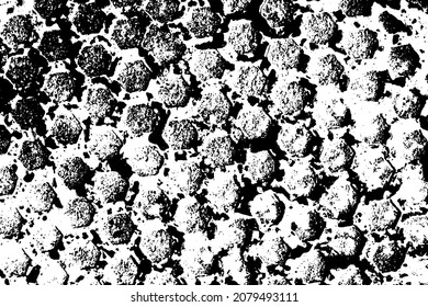 Scratched surface with hexagons vector texture close-up, black and white textured effect background for design