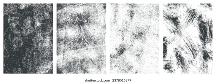 Scratched surfaces set textures monochrome with abstract blanks for designer creating esoteric interior decorations or advertising vector illustration