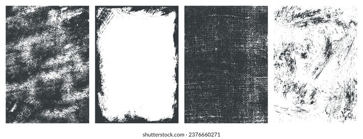 Scratched textures monochrome set posters with stains and damage marks for creating creative illustrations in books and magazines vector illustration