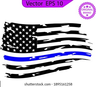 Scratched Thin Blue Line US Flag. Flag With Police Blue Line - Distressed American Flag. Eps 10,	
