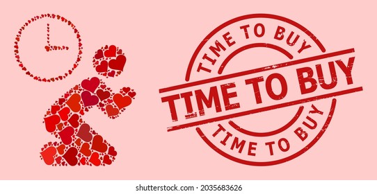 Scratched Time to Buy stamp seal, and red love heart collage for pray time. Red round stamp seal has Time to Buy tag inside circle. Pray time collage is made with red romance elements.