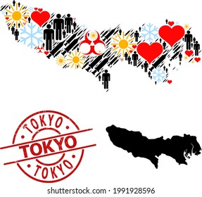 Scratched Tokyo stamp seal, and spring men infection treatment collage map of Tokyo Prefecture. Red round stamp contains Tokyo title inside circle.
