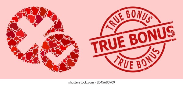Scratched True Bonus stamp seal, and red love heart mosaic for true negative. Red round stamp seal has True Bonus tag inside circle. True negative mosaic is done from red romance items.